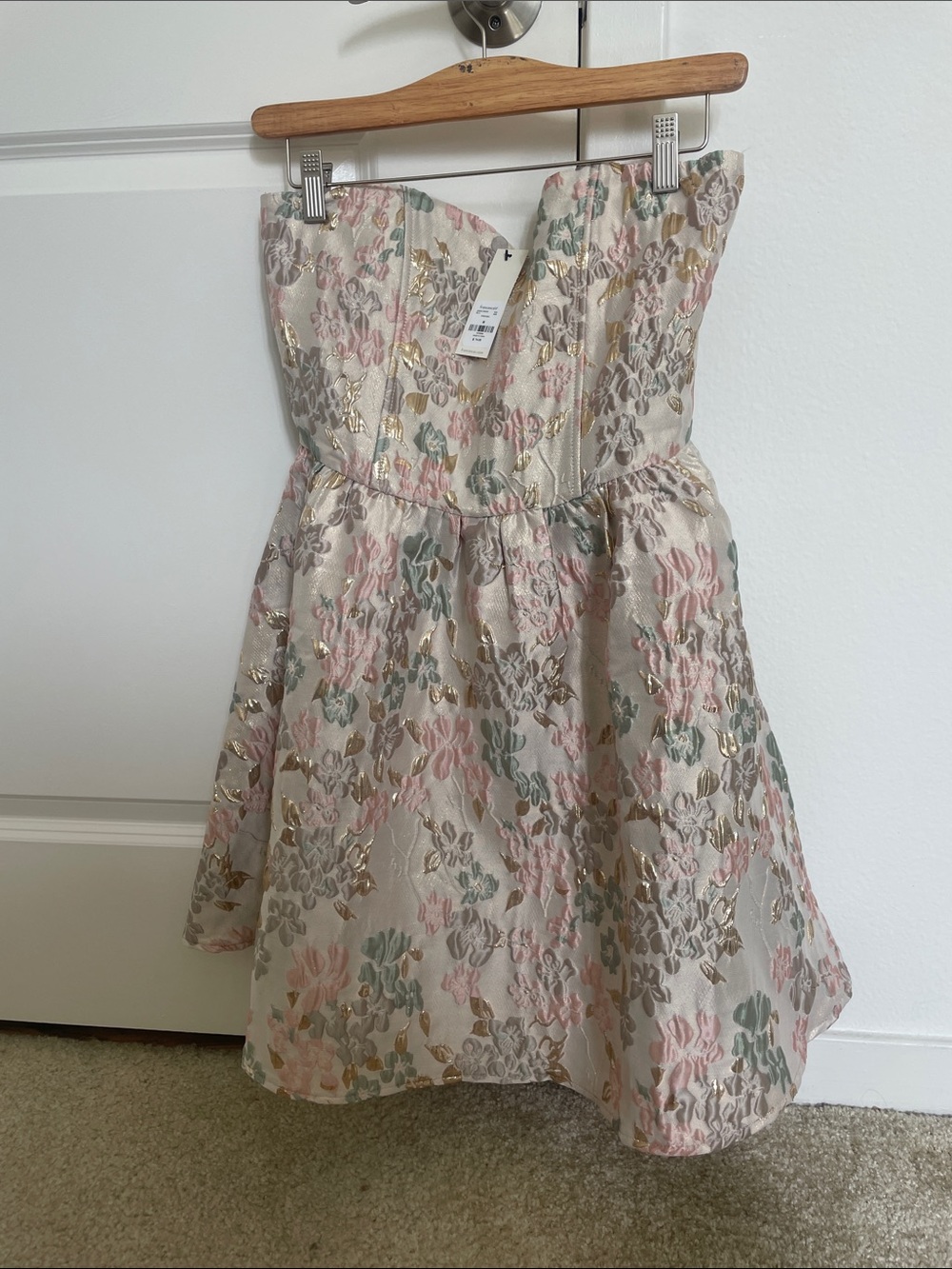 (NEW, never used) Strapless Floral Brocade Dress in Blush, Sage & Gold